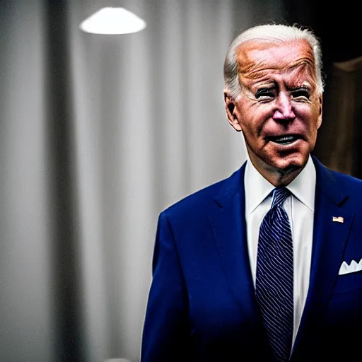 Prompt: joe biden, scared, in the backrooms, real life, photorealistic, 3 5 mm f 2