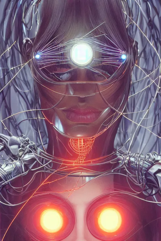 Prompt: organic cyborg head wrapped in barb wire lasers by Hajime Sorayama and Jamie Coreth, trending on artstation, centered, symmetrical, rim lighting, electric hair, bilateral symmetry, 80s poster, polished, thick smoke, retro dark vintage sci-fi, 2D matte illustration