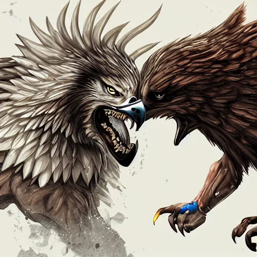 Image similar to epic battle of wolf and eagle in the style by ricardo ow, digital art, highly detailed, fantasy