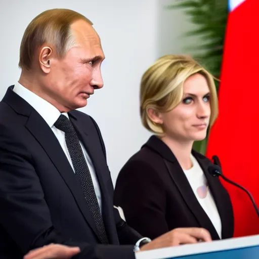 Prompt: annie leonhart and vladimir putin hold joint press conference in biarritz at g 7 summit, zeiss 1 5 0 mm, sharp focus, natural lighting, ultra realistic, high definition 4 k photo, g 7 summit press photos