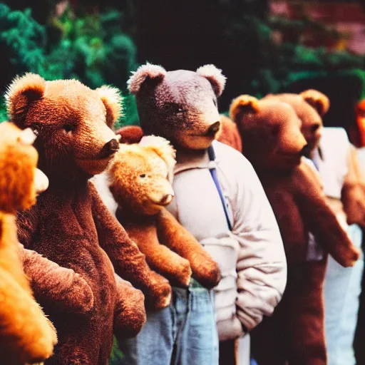 Prompt: Teddy bears waiting in a queue, 35mm photography