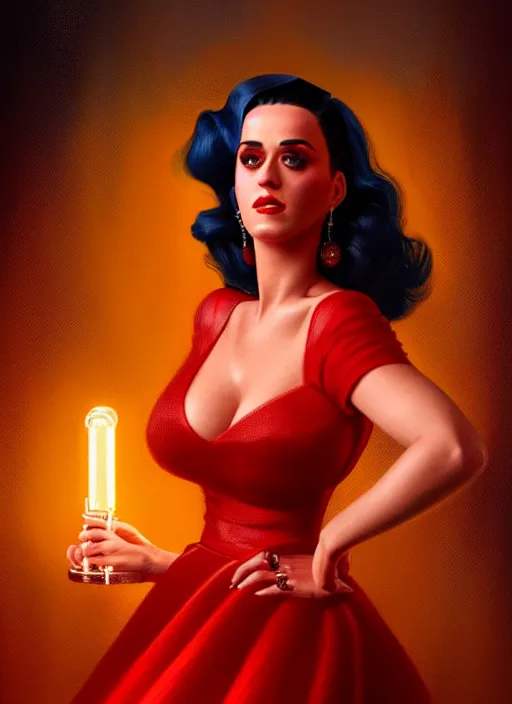 Image similar to portrait of katy perry in a red dress, intricate, elegant, glowing lights, highly detailed, digital painting, artstation, concept art, smooth, sharp focus, illustration, art by wlop, mars ravelo and greg rutkowski