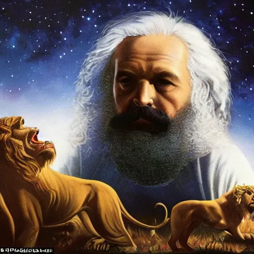 Image similar to Possessed Karl Marx stops a thousand giant lions from eating Earth, space telescope photography