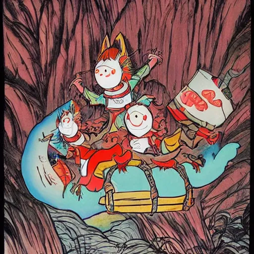 Image similar to Professional art, a stunning illustration of red goblins carrying a prisoner to a cave on a mountainside illustrated by Dr Suess and Takashi Murakami