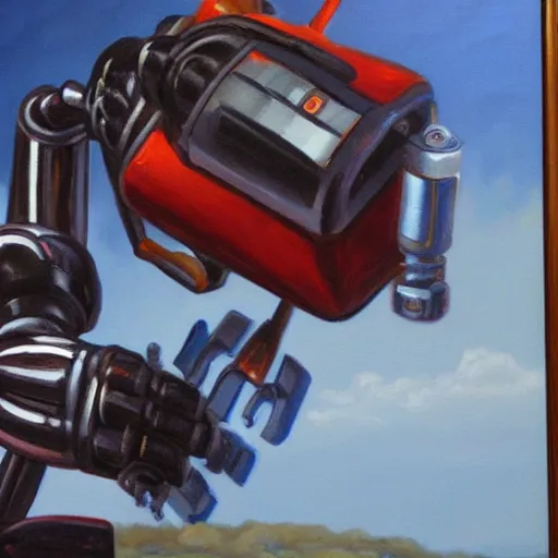 Image similar to A beautiful oil painting of a robot painting an oil painting