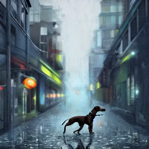 Image similar to robot greyhound in rainy post-apocalyptic city street , digital art, trending on artstation,