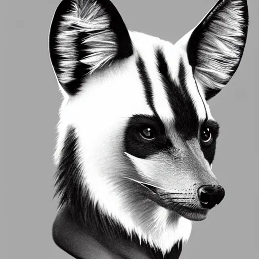 Prompt: a full - body centered front - perspective furry male fursona portrait, a male african wild dog fursona, with a yin and yang tattoo on the left side of the chest, trending on twitter, high - resolution, photorealistic