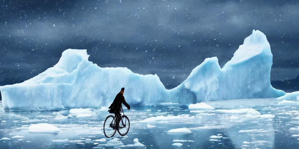 Image similar to A majestic arctic landscape featuring an iceberg and frozen sea. There is a man riding a bicycle. Snow is falling. Cinematic, very beautiful, painting in the style of Lord of the rings