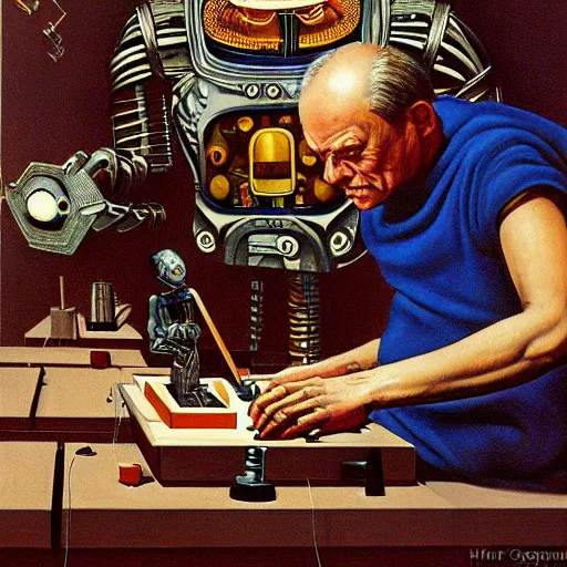 Prompt: robot artist artist painting a self portrait, by clyde caldwell, james c. christensen, h. r. giger, george tooker