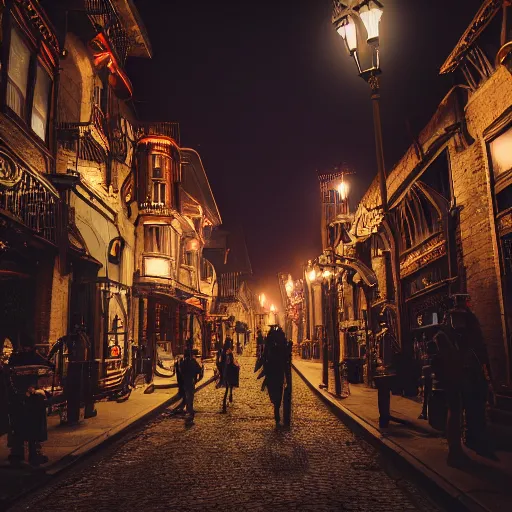 Image similar to a street level photo of a fantasy steampunk victorian city street, with people walking on the streets, at night, 4k, canon 5D