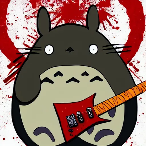 Image similar to cannibal totoro, blood stained, cannibal corpse fan, playing an electric guitar and doing the horn symbol with his hand fantasy digital art, wow, stunning, ghibli style, hight quality