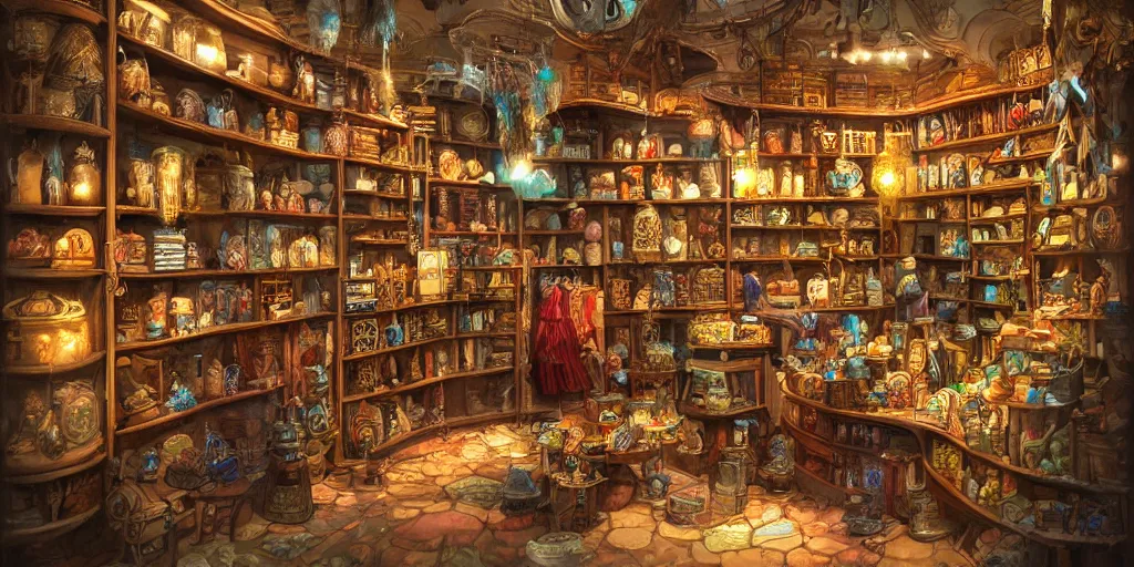Prompt: inside an old magical shop, magic items on shelves, books, beautiful labels, fantasy vendor interior, wide angle, highly detailed, rich bright colors, trending on artstation