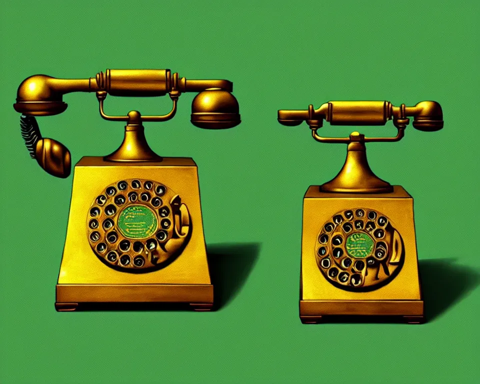 Prompt: an achingly beautiful print a golden rotary phone on a dark green background by Raphael, Hopper, and Rene Magritte. detailed, romantic, enchanting, trending on artstation.