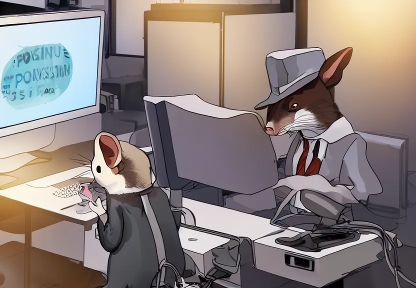 Prompt: possum dressed as an office worker, working on a desktop computer, in a modern office, highly detailed, 4k, trending on Artstation, award-winning