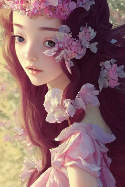 Image similar to romantic and fashion and love princess of the flower with sheath dress, 8 k realistic, teenager girl, baroque, symmetrical, flowing hair, smile, trending pinterest and pixiv, muted colors, hyperrealistic, l close up shot, character concept art, face by kyoung hwan kim, alexandra fomina, ilya kuvshinov