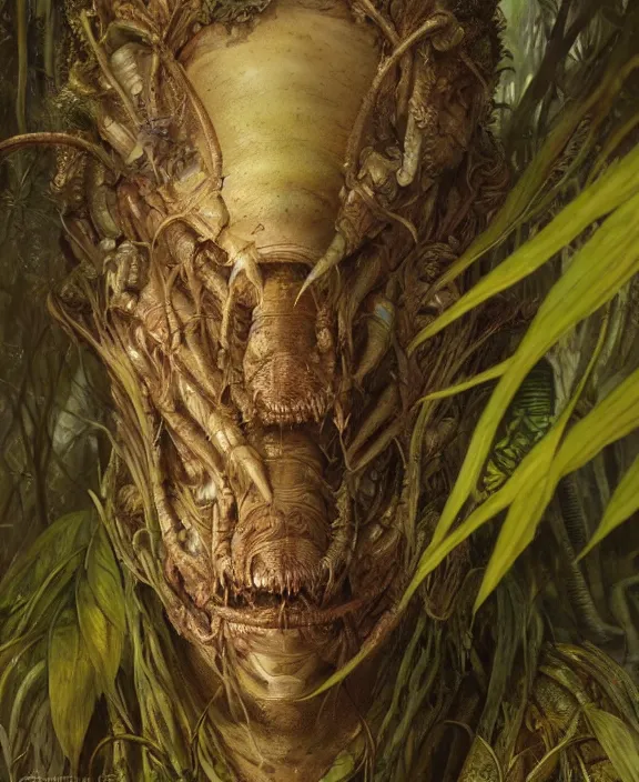 Image similar to intricate earth - toned portrait of a disturbing terrifying alien insect creature, mottling coloring, adorable, childlike, overgrown jungle environment, ultra realistic, concept art, maximalist, photorealistic, octane render, 8 k, unreal engine. art by christopher marley and artgerm and greg rutkowski and alphonse mucha