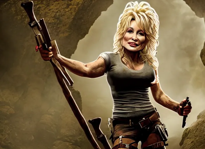 Image similar to film still of!!!! dolly parton!!! as lara croft in new tomb raider movie, 8 k