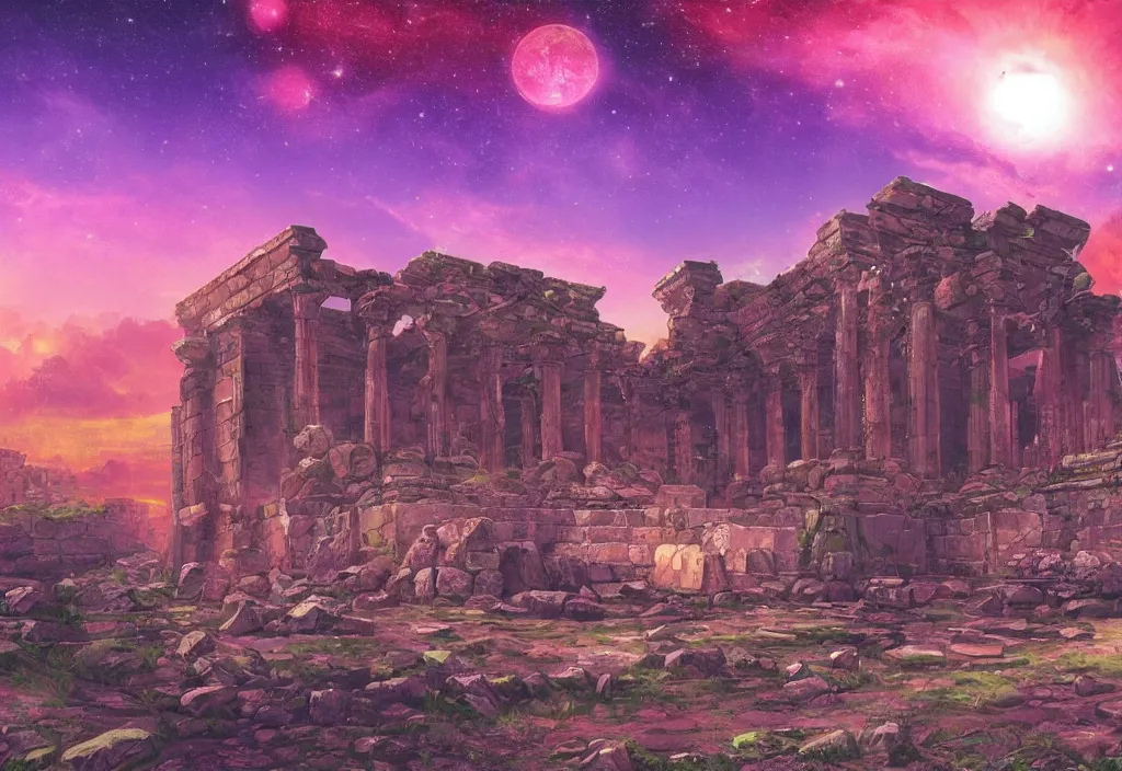 Prompt: ancient ruins in the universe, epic retrowave art, trending on art station