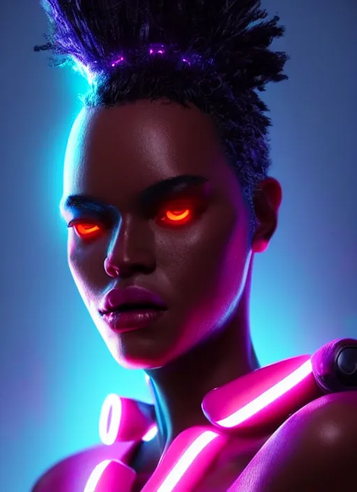 Prompt: photorealistic portrait of black american female humanoid, cyber neon lights, highly detailed, cyberpunk high fashion, gen z, crispy quality, trending in artstation, trending in pinterest, glamor pose, no signature, no watermark, cinematic, octane render, art by artgerm and greg rutkowski and pascal blanche