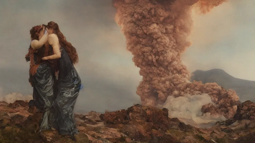 Prompt: a man and a woman hugging during the eruption of a volcano in a pre-raphaelite painting, 8k featured in artstation, cinematic,, sharp focus, very detailed, volumentric lighting