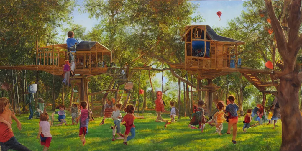 Image similar to masterful oil on canvas painting, eye - level view, shot from 5 0 feet distance, of kids playing in a treehouse. in the background human children run around having fun. golden hour, detailed, depth, volume, chiaroscuro, quiet intensity, limited color palette. in the background there are a couple of balloons floating in the sky.