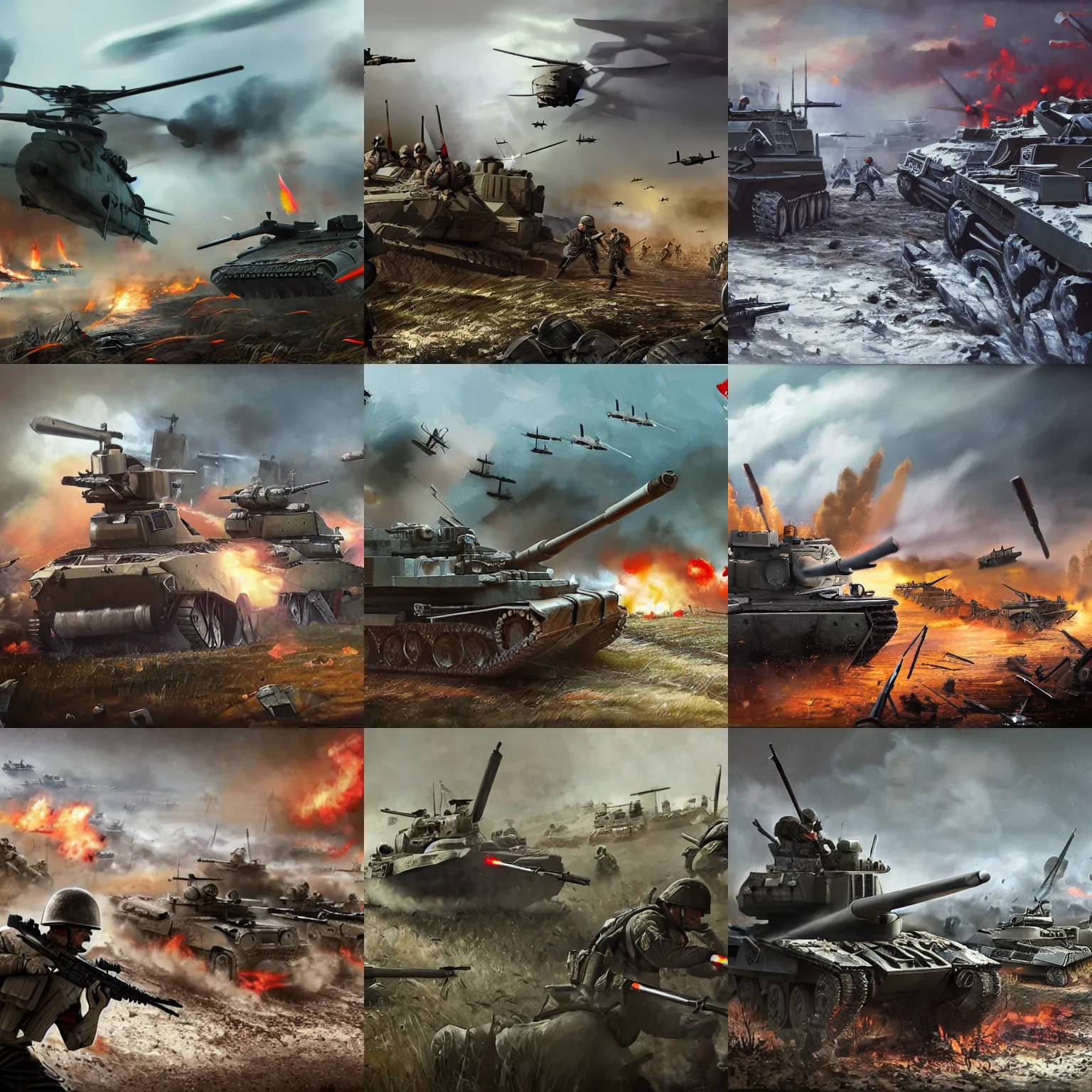 Prompt: a stylised painting of a battlefield in world war 3 with future military equipment