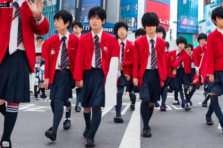 Image similar to japanese middle school boys wearing school uniforms at shibuya crossing, red weapon 8 k s 3 5, cooke anamorphic / i lenses, highly detailed, cinematic lighting