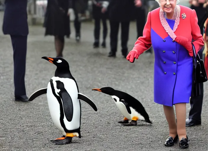 Prompt: the queen of england riding a penguin