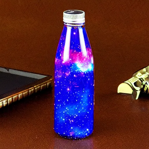 Prompt: a glass bottle with the galaxy inside, photo realistic, highly detailed, high quality, intricate, ultra hd