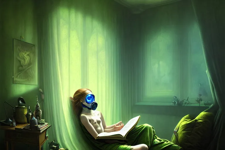 Image similar to girl with wearing a gas mask lying on the sofa reading a book in her room, in the style of tomasz alen kopera, solarpunk, atmospheric, clean, intricate and epic composition, green by caravaggio, insanely quality, highly detailed, masterpiece, blue light, artstation, 4 k