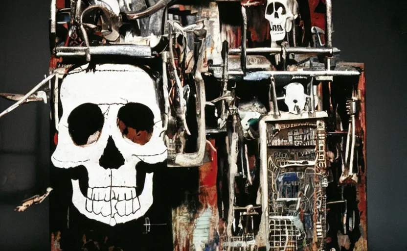 Prompt: photograph of a basquiat skull machine