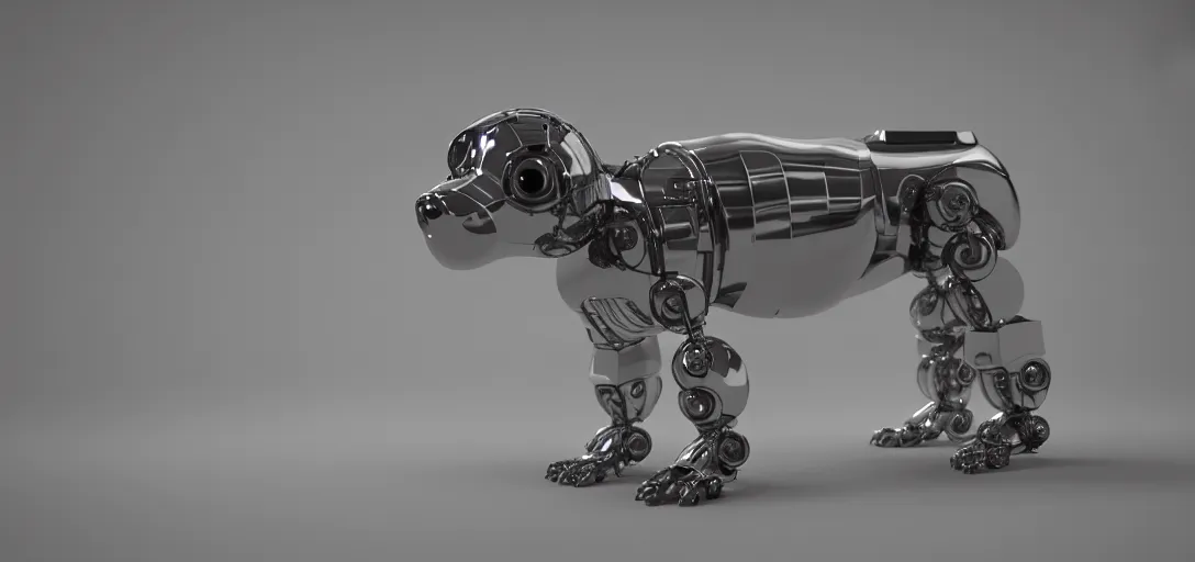 Prompt: Robotic dog, 3d render, octane render, realistic lighting, metallic, shiny, perfect lines, minimal, sleek, smooth edges, weaponized