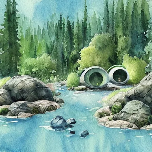 Image similar to beautiful happy picturesque charming organic sci - fi pod homes in a beautiful natural scene. water, trees and rocks. beautiful light. grainy and rough. soft colour scheme. beautiful artistic detailed watercolor by lurid. ( 2 0 2 2 )