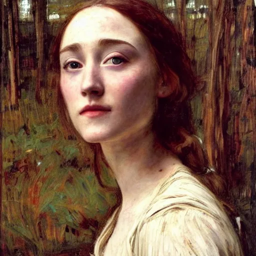 Image similar to a true-to-life portrait of Saoirse Ronan painted by John William Waterhouse