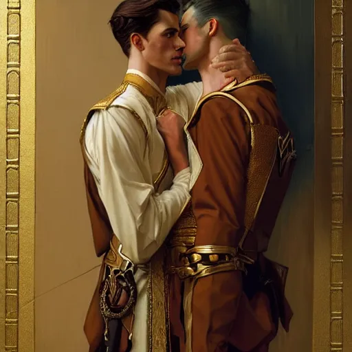 Image similar to attractive fully clothed king confesses his love for his attractive fully clothed male prince. highly detailed painting by j. c. leyendecker, craig mullins, tom bagshaw,