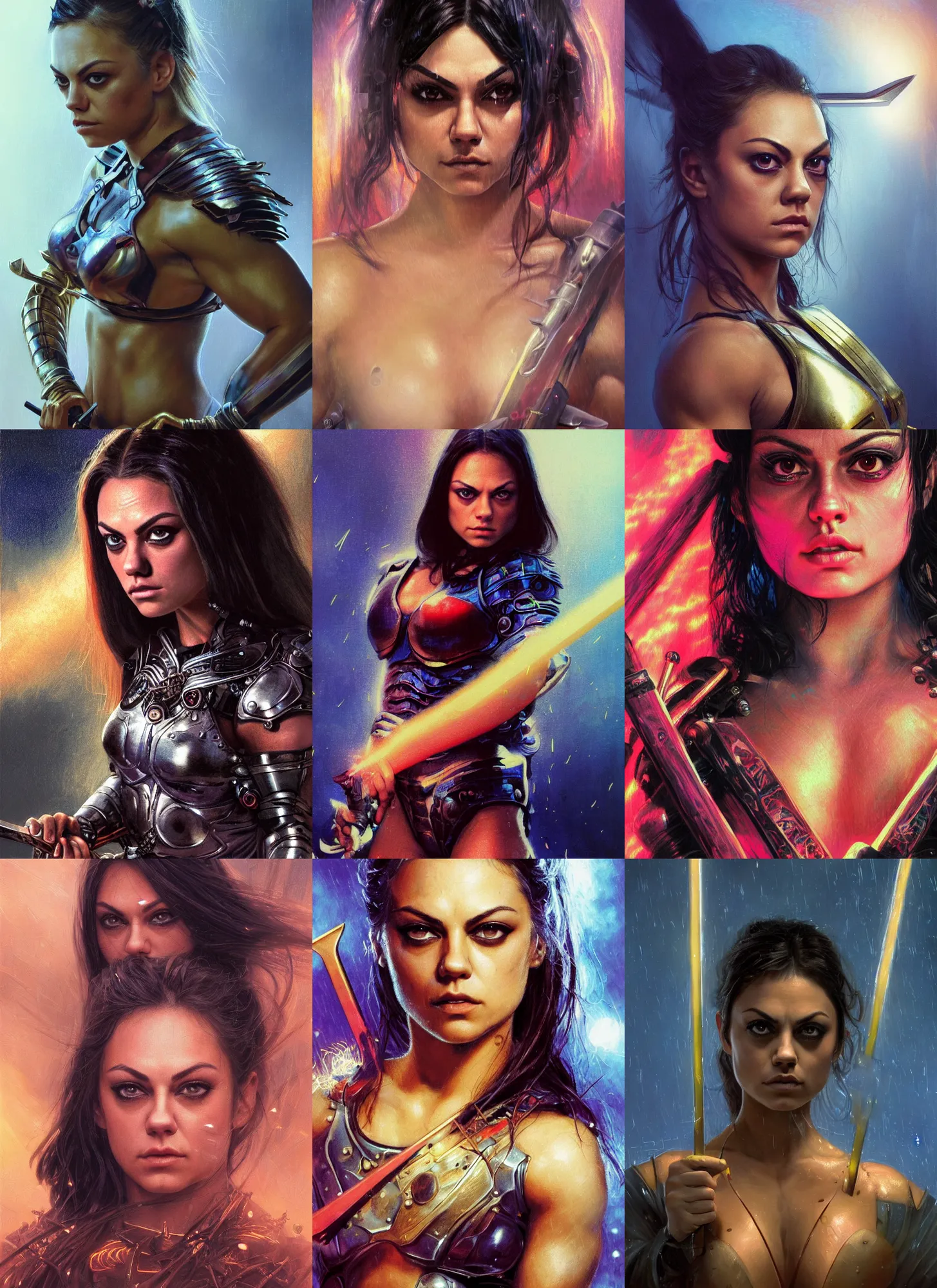 Image similar to bodybuilder mila kunis closeup portrait of a beautiful biblical diabolical samurai girl looking into the camera holding a sword, cyborg neon lit armor, foggy fireflies, cinematic studio light, golden hour, gerald brom, mikhail vrubel, peter elson, muted pastel colors, extreme detail, light rain, trending on artstation, 8 k