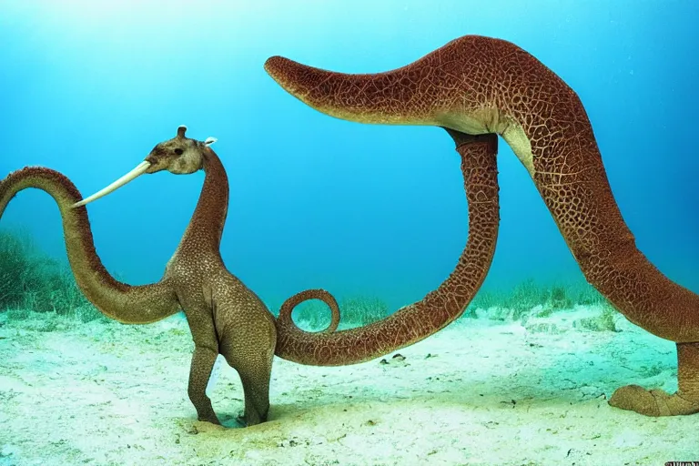 Image similar to underwater photo hibrid tentacle shaped legs jiraffe by national geographic