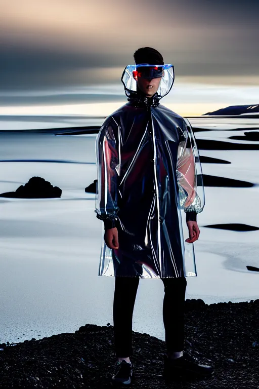 Image similar to an ultra high definition professional high fashion portrait studio full length photograph of a male model wearing a transparent pearlescent raincoat and neon visor in an icelandic black rock environment at dawn. no artefacts. extremely detailed. stark. refraction. shallow depth of field. volumetric light and shadow. ray tracing. light rays.