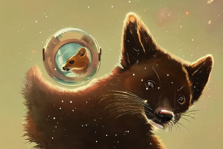 Image similar to giant pine marten in space holding a planet, digital art, trending on artstation, highly detailed, by Greg Rutkowski, by Conrad Roset, by Dan Mumford