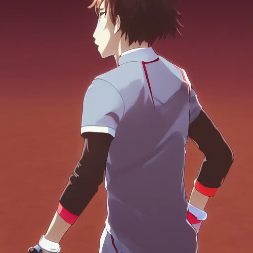 Image similar to anime style, tennis player, red sport clothing, match point, brown short hair, hair down, symmetrical facial features, from arknights, hyper realistic, rule of thirds, extreme detail, 4 k drawing, safebooru, realistic lighting, by alphonse mucha, greg rutkowski, sharp focus, backlit