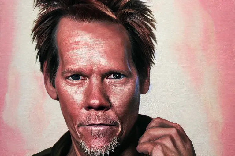 Prompt: an ultra realistic painting of kevin bacon, bacon wrapped around his face, 8 k, cinematic, movie still