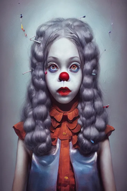 Image similar to breathtaking detailed painting of clown girl , with anxious, piercing eyes, Atari game cover art by Hsiao-Ron Cheng, James jean, Miho Hirano, Hayao Miyazaki, extremely moody lighting, hyperrealistic, octane render, RPG portrait, ambient light, dynamic lighting