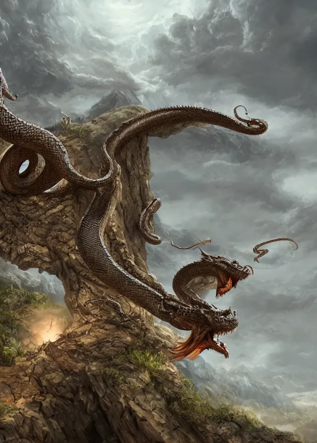 Prompt: a highly detailed matte painting of a draconic serpent climbing a rugged wooden cross on a hill, dark, 8 k hd, concept art, artstation, deviantart, cg society,