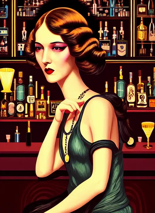 Prompt: Maximalism a young sophisticated long hair woman as a beautiful bar patron, cozy dimly-lit 1920s speakeasy bar, drinking at the bar, dystopian retro 1920s vibe, relaxed pose, wild, highly detailed, digital painting, artstation, sharp focus, illustration, detailed painterly digital art style by Dan Mumford, vibrant deep colors, 🍸, 8k octane beautifully detailed render, post-processing, extremely hyperdetailed, Art Nouveau, masterpiece