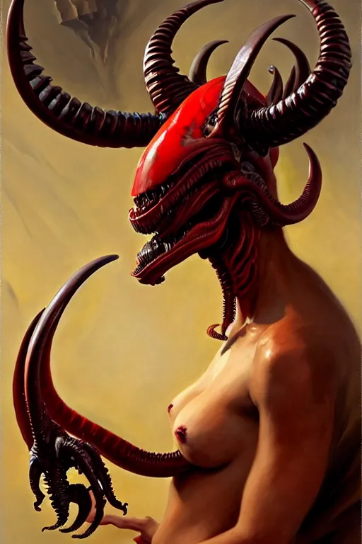 Prompt: painted close - up portrait of a very attractive red - skinned intimidating demon xenomorph queen with ram horns! oil painting, wearing a noblewoman's outfit, fantasy art by john singer sargent and gaston bussiere and james jean and greg rutkowski, demon noble character design, hd