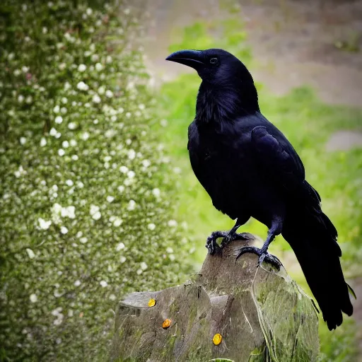 Prompt: crow made of black flower petals, many black petals growing out of the crow's back,