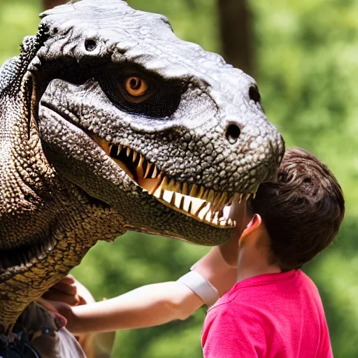 Image similar to a highly detailed photo of kids petting a t rex at a petting zoo, 4 k high - resolution photograph, ultra detail, hd photo