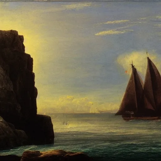 Prompt: a sailing ship in the wild sea, people watching it from a rock, clear blue sky, in the style of caspar david friedrich.