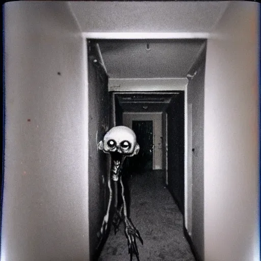 Prompt: a terrifying fungus zombie at the end of a hallway, dark!, creepy, nightmare fuel!!!, horror, horrifying, unsettling, uncanny valley!, old polaroid, expired film,