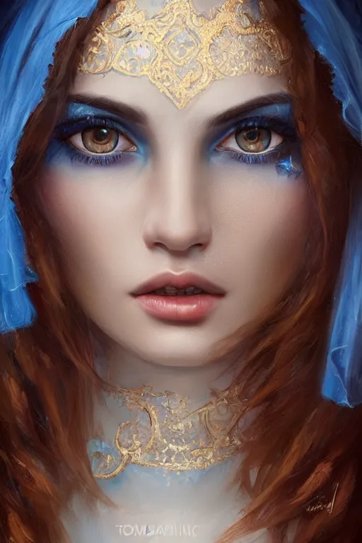 Image similar to modern arab woman , bright blue eyes, wavy black hair, white veil, closeup, cinnamon skin color, elegant, highly detailed, centered, oil painting, artstation, concept art by tom bagshaw